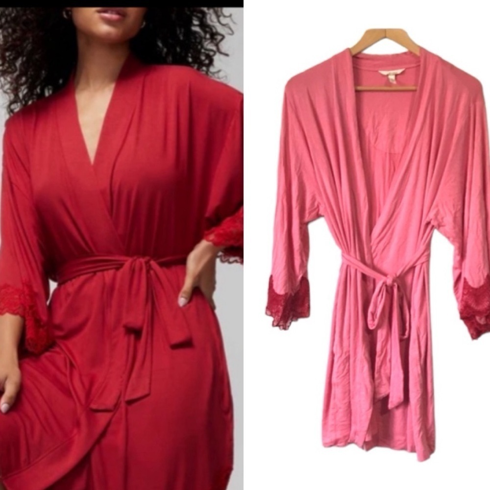 Soma jersey knit lace kimono robe waist tie size L/XL pink